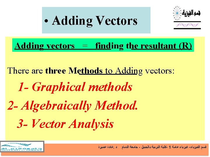  • Adding Vectors Adding vectors = finding the resultant (R) There are three