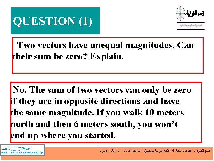 QUESTION (1) Two vectors have unequal magnitudes. Can their sum be zero? Explain. No.