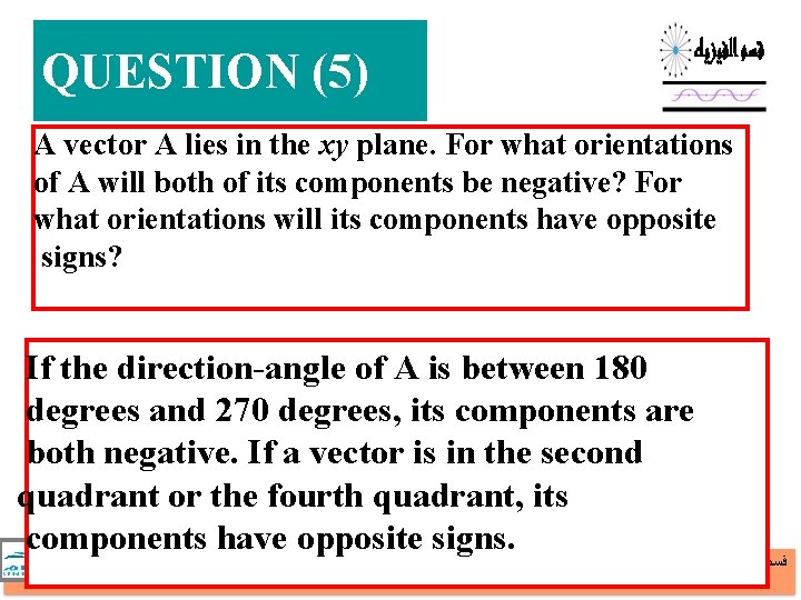 QUESTION (5) A vector A lies in the xy plane. For what orientations of