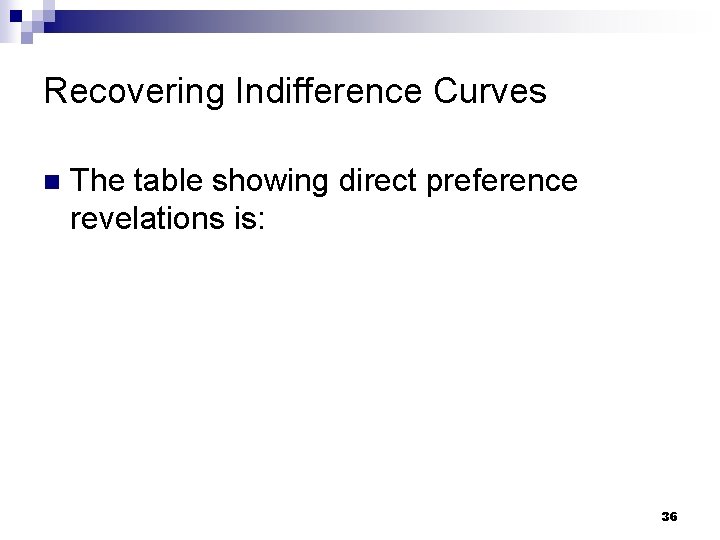 Recovering Indifference Curves n The table showing direct preference revelations is: 36 