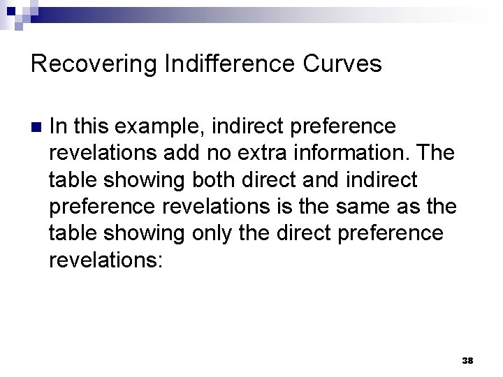 Recovering Indifference Curves n In this example, indirect preference revelations add no extra information.