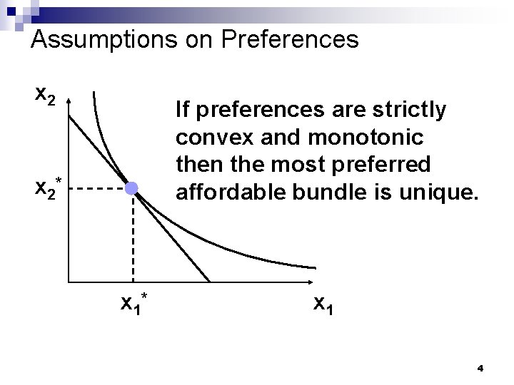 Assumptions on Preferences x 2 If preferences are strictly convex and monotonic then the