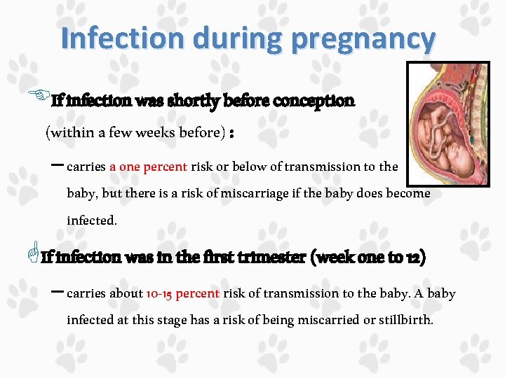 Infection during pregnancy If infection was shortly before conception (within a few weeks before)