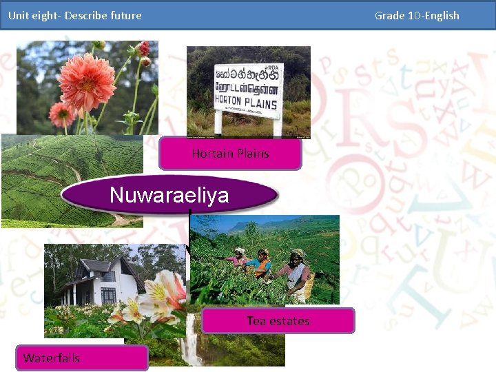 Unit eight- Describe future Grade 10 -English Hortain Plains Nuwaraeliya Tea estates Waterfalls 