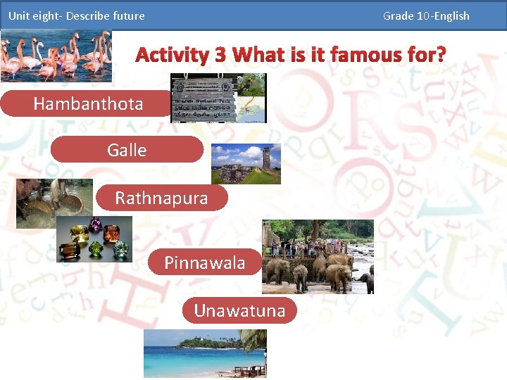 Unit eight- Describe future Grade 10 -English Activity 3 What is it famous for?