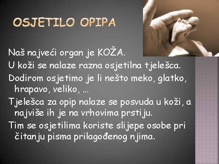 Naš najveći organ je KOŽA. U koži se nalaze razna osjetilna tjelešca. Dodirom osjetimo