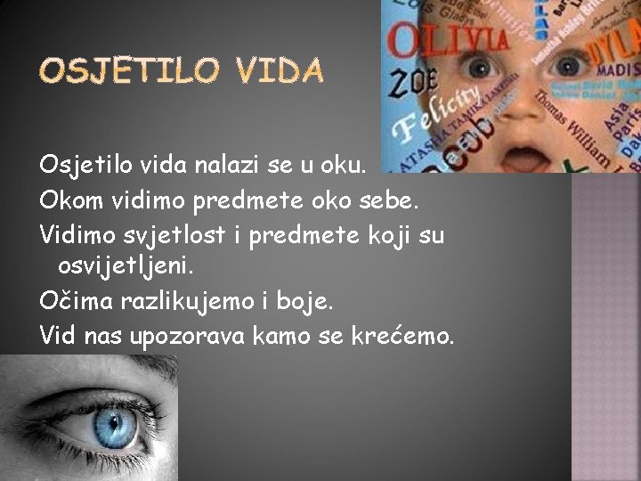 Osjetilo vida nalazi se u oku. Okom vidimo predmete oko sebe. Vidimo svjetlost i