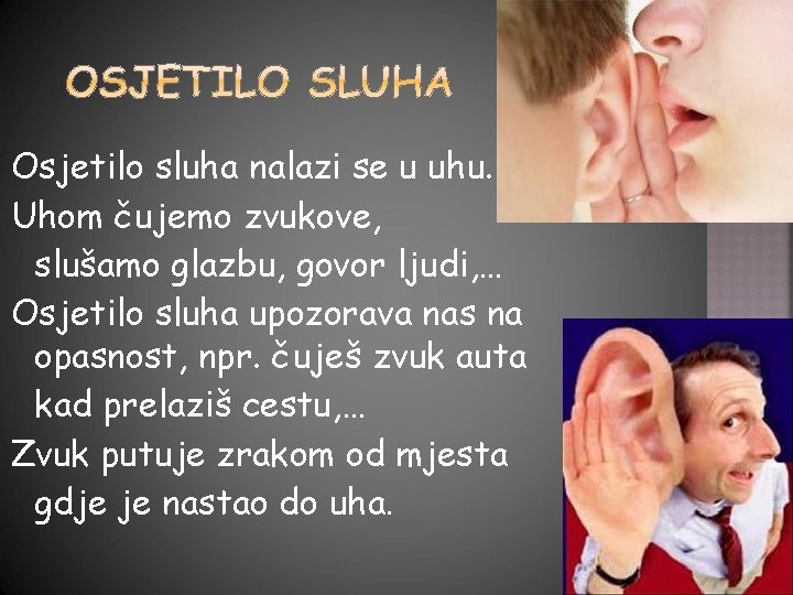 Osjetilo sluha nalazi se u uhu. Uhom čujemo zvukove, slušamo glazbu, govor ljudi, …