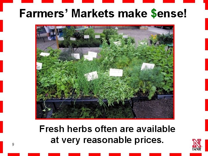 Farmers’ Markets make $ense! 9 Fresh herbs often are available at very reasonable prices.