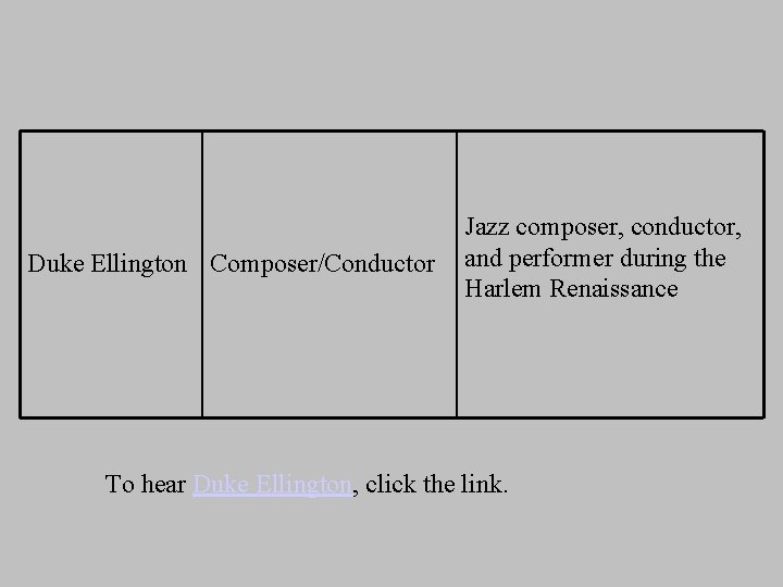 Duke Ellington Composer/Conductor Jazz composer, conductor, and performer during the Harlem Renaissance To hear