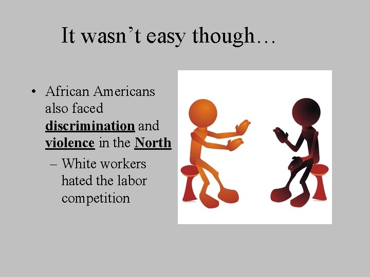 It wasn’t easy though… • African Americans also faced discrimination and violence in the