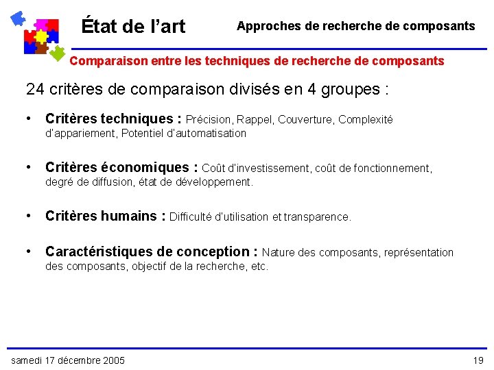 État de l’art Approches de recherche de composants Comparaison entre les techniques de recherche