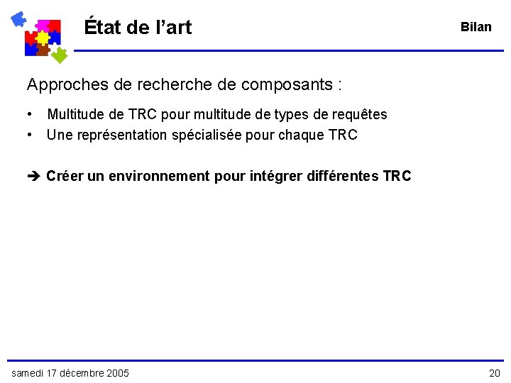 État de l’art Bilan Approches de recherche de composants : • • Multitude de