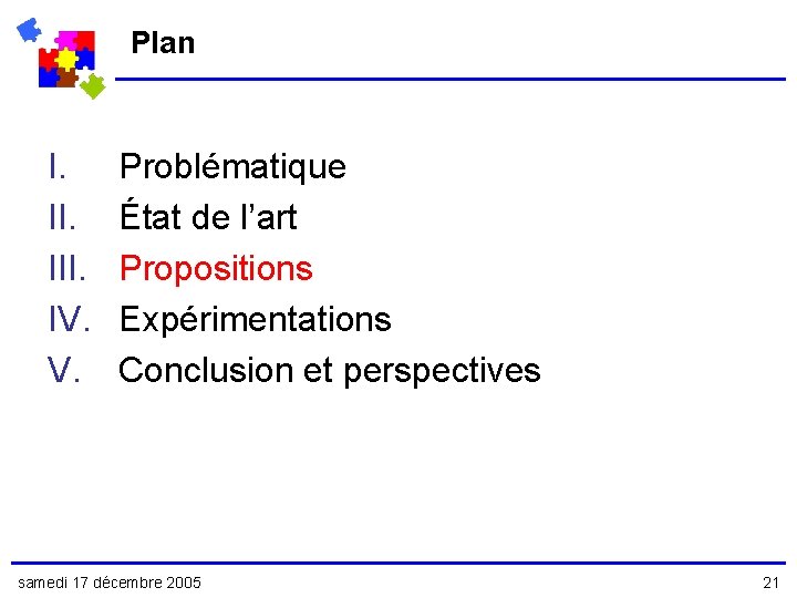 Plan I. III. IV. V. Problématique État de l’art Propositions Expérimentations Conclusion et perspectives