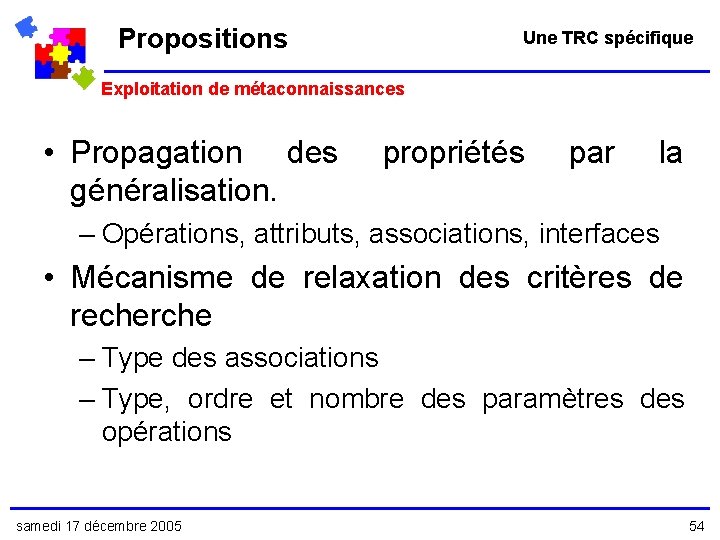 Propositions Une TRC spécifique Exploitation de métaconnaissances • Propagation des généralisation. propriétés par la