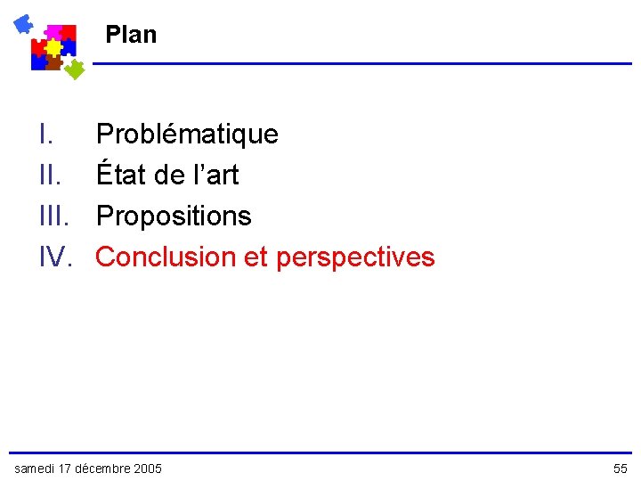 Plan I. III. IV. Problématique État de l’art Propositions Conclusion et perspectives samedi 17