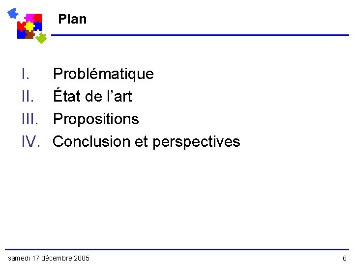 Plan I. III. IV. Problématique État de l’art Propositions Conclusion et perspectives samedi 17