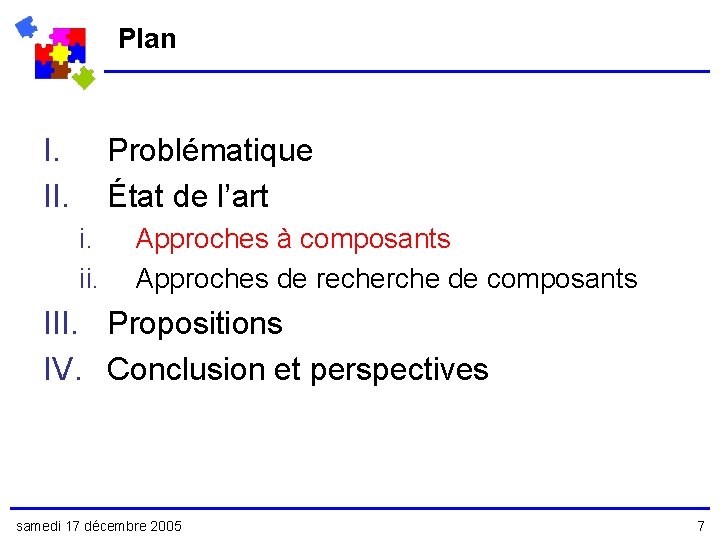 Plan I. II. Problématique État de l’art i. ii. Approches à composants Approches de