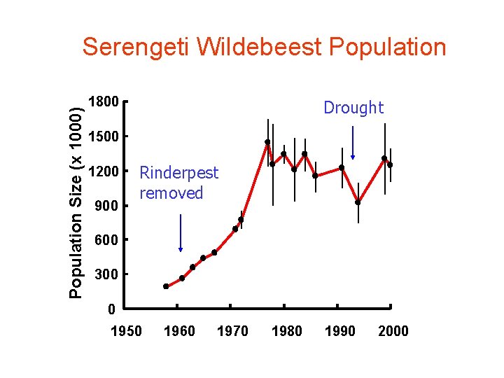 Population Size (x 1000) Serengeti Wildebeest Population 1800 Drought 1500 1200 900 Rinderpest removed