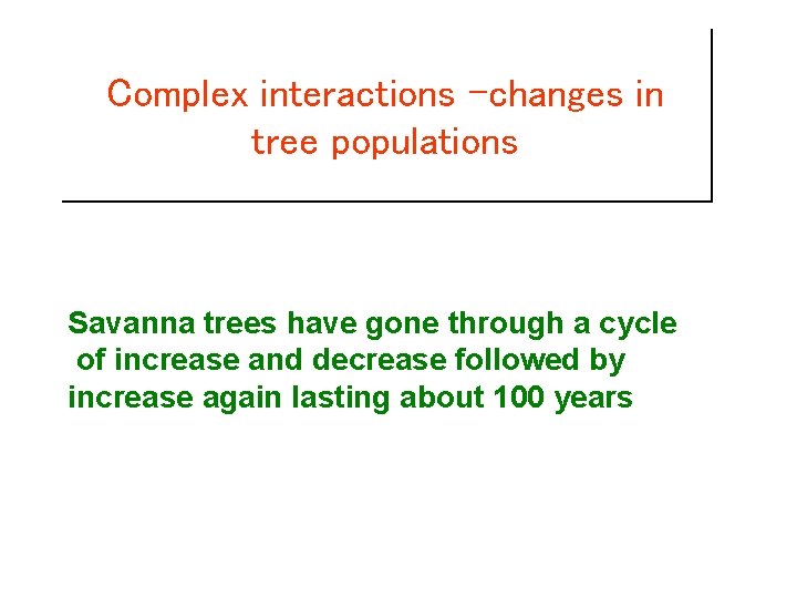 Complex interactions –changes in tree populations Savanna trees have gone through a cycle of