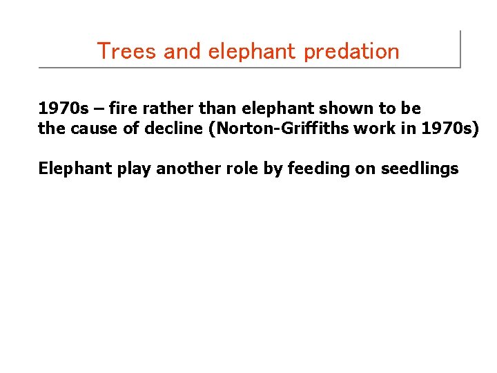 Trees and elephant predation 1970 s – fire rather than elephant shown to be