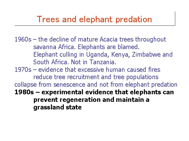 Trees and elephant predation 1960 s – the decline of mature Acacia trees throughout