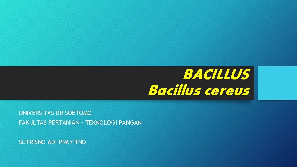 BACILLUS Bacillus cereus UNIVERSITAS DR SOETOMO FAKULTAS PERTANIAN – TEKNOLOGI PANGAN SUTRISNO ADI PRAYITNO