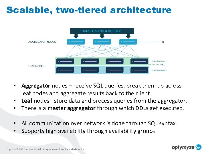 Scalable, two-tiered architecture • Aggregator nodes – receive SQL queries, break them up across