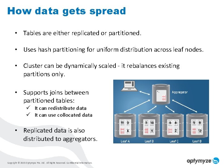 How data gets spread • Tables are either replicated or partitioned. • Uses hash