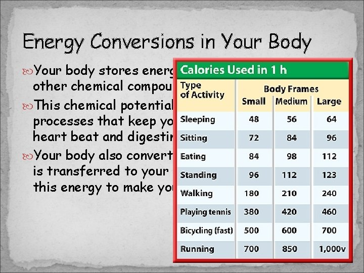 Energy Conversions in Your Body Your body stores energy in the form of fat Energy Conversions in Your Body Your body stores energy in the form of fat