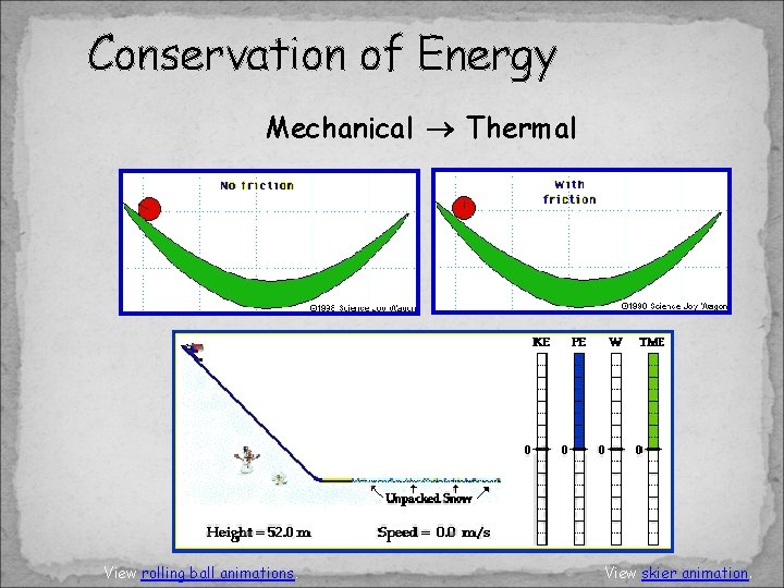Conservation of Energy Mechanical Thermal View rolling ball animations. View skier animation. Conservation of Energy Mechanical Thermal View rolling ball animations. View skier animation.