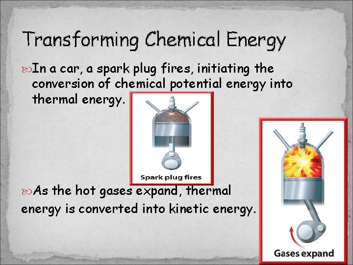 Transforming Chemical Energy In a car, a spark plug fires, initiating the conversion of Transforming Chemical Energy In a car, a spark plug fires, initiating the conversion of