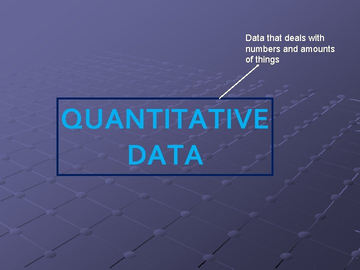 Data that deals with numbers and amounts of things QUANTITATIVE DATA 