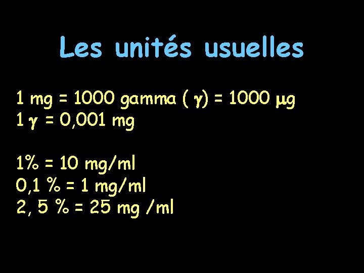 Les unités usuelles 1 mg = 1000 gamma ( ) = 1000 g 1 Les unités usuelles 1 mg = 1000 gamma ( ) = 1000 g 1