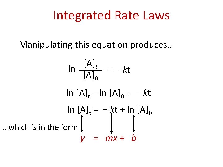 Integrated Rate Laws Manipulating this equation produces… [A]t ln [A]0 = −kt ln [A]t