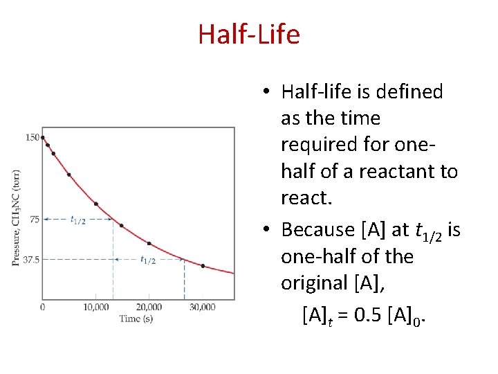 Half-Life • Half-life is defined as the time required for onehalf of a reactant