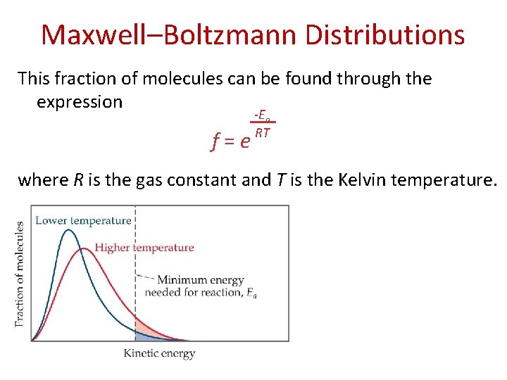 Maxwell–Boltzmann Distributions This fraction of molecules can be found through the expression f=e -Ea