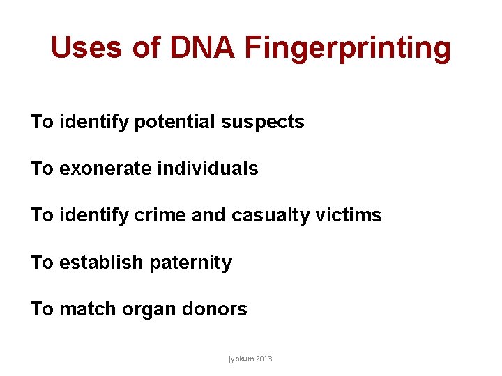 Uses of DNA Fingerprinting To identify potential suspects To exonerate individuals To identify crime