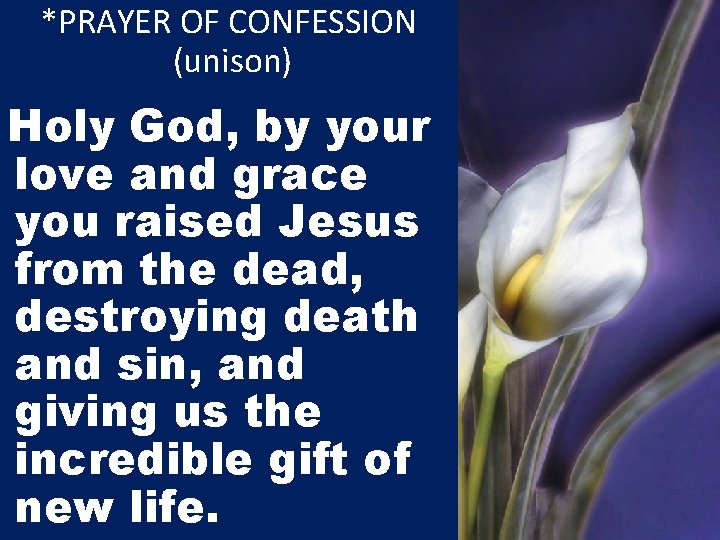 *PRAYER OF CONFESSION (unison) Holy God, by your love and grace you raised Jesus