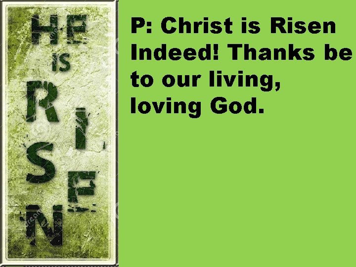 P: Christ is Risen Indeed! Thanks be to our living, loving God. 