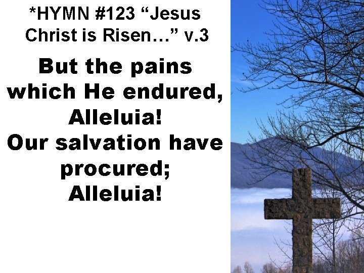 *HYMN #123 “Jesus Christ is Risen…” v. 3 But the pains which He endured,