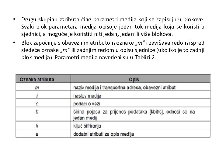  • Drugu skupinu atributa čine parametri medija koji se zapisuju u blokove. Svaki