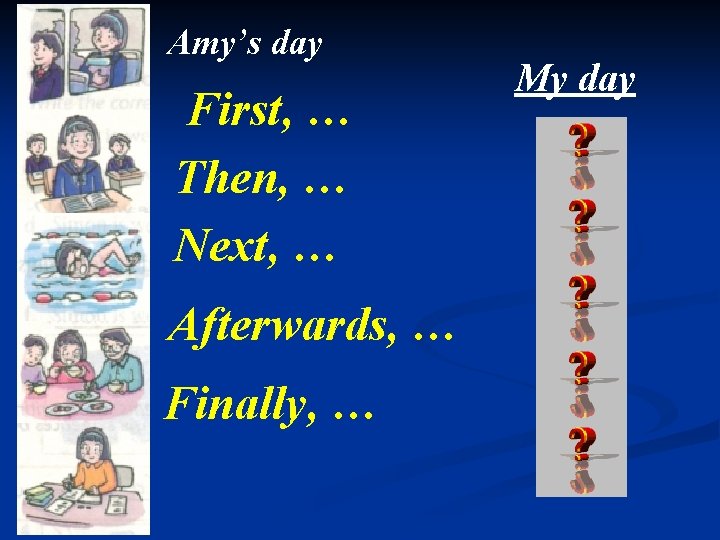 Amy’s day First, … Then, … Next, … Afterwards, … Finally, … My day