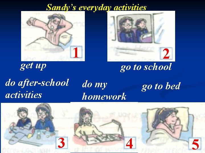 Sandy’s everyday activities 1 get up 2 go to school do after-school activities 3