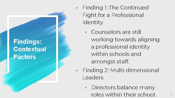 ◦ Finding 1: The Continued Fight for a Professional Identity Findings: Contextual Factors ◦