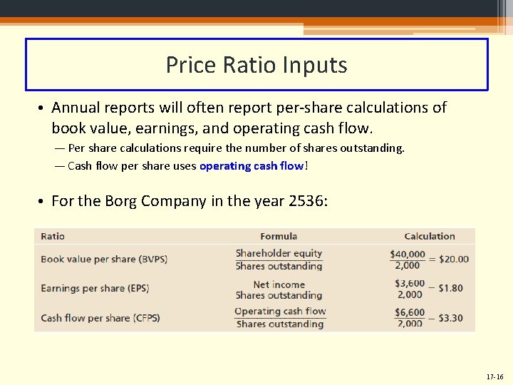 Price Ratio Inputs • Annual reports will often report per-share calculations of book value,
