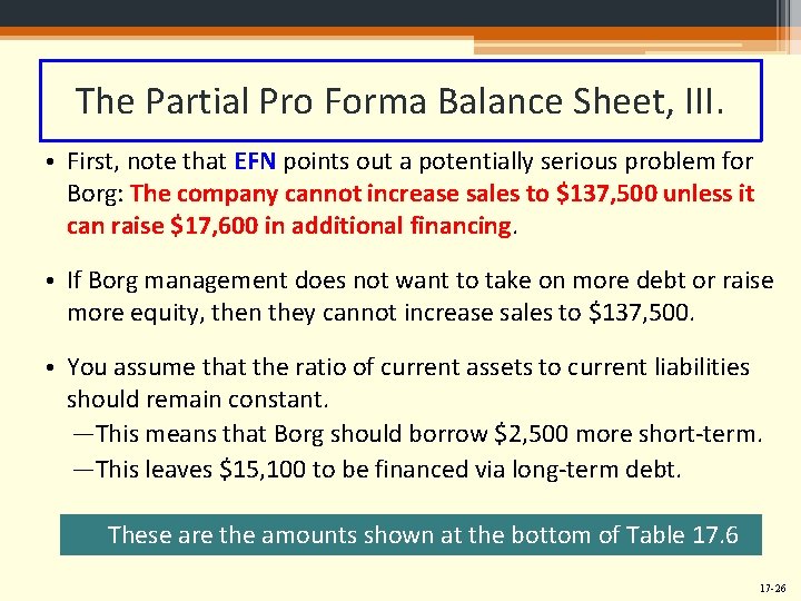 The Partial Pro Forma Balance Sheet, III. • First, note that EFN points out
