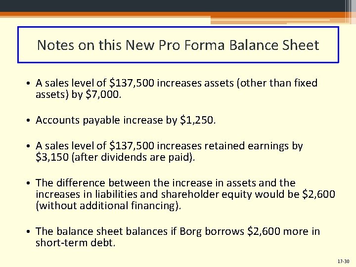 Notes on this New Pro Forma Balance Sheet • A sales level of $137,
