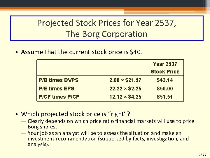 Projected Stock Prices for Year 2537, The Borg Corporation • Assume that the current
