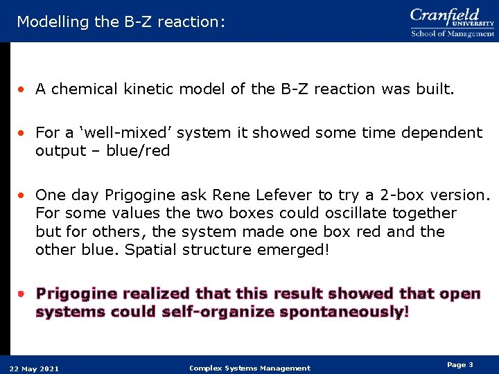 Modelling the B-Z reaction: • A chemical kinetic model of the B-Z reaction was Modelling the B-Z reaction: • A chemical kinetic model of the B-Z reaction was